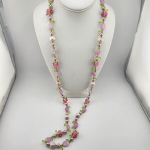 Long Vintage Plastic Beaded‎ Necklace Pink Purple Flowers Leaves Tutti Frutti